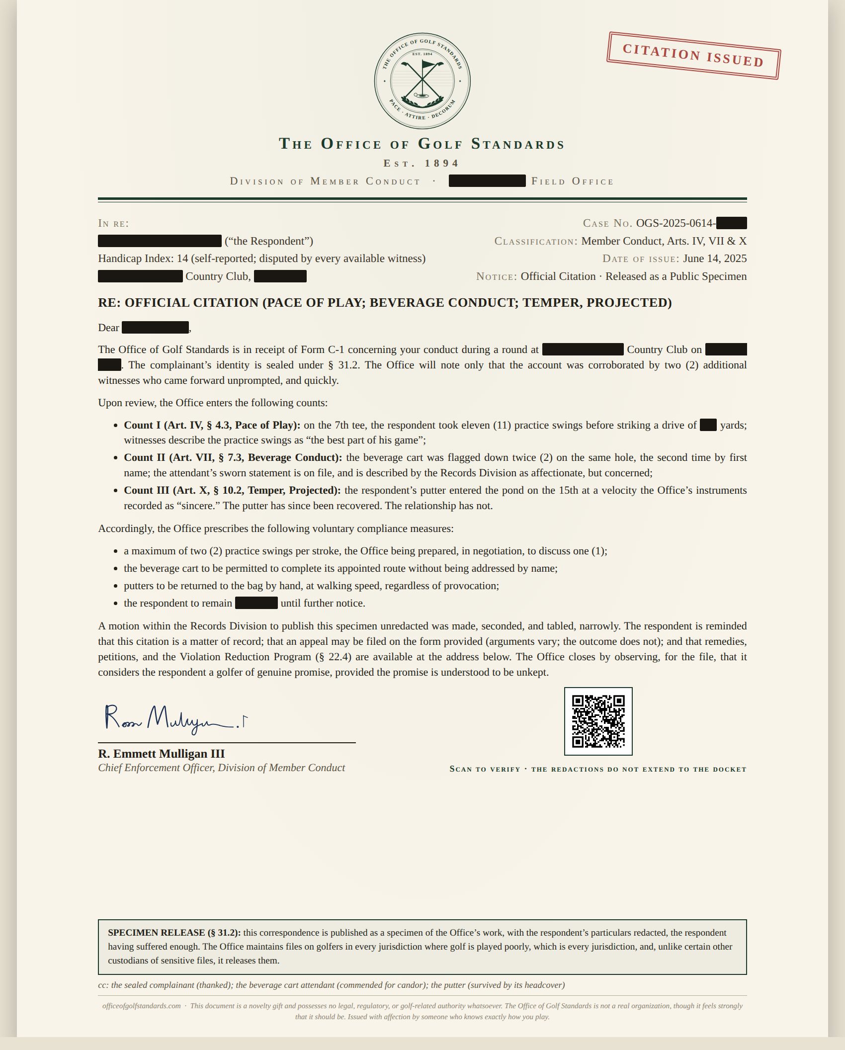 A specimen citation from the Office of Golf Standards, particulars redacted